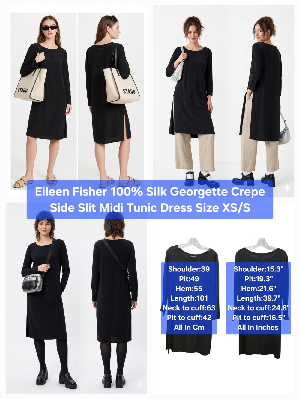 Eileen Fisher 100% Silk Georgette Crepe Side Slit Midi Tunic Dress Size XS/S